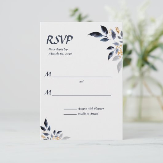Blaue Blätter mit Gold Wedding RSVP (Stehend Vorderseite)