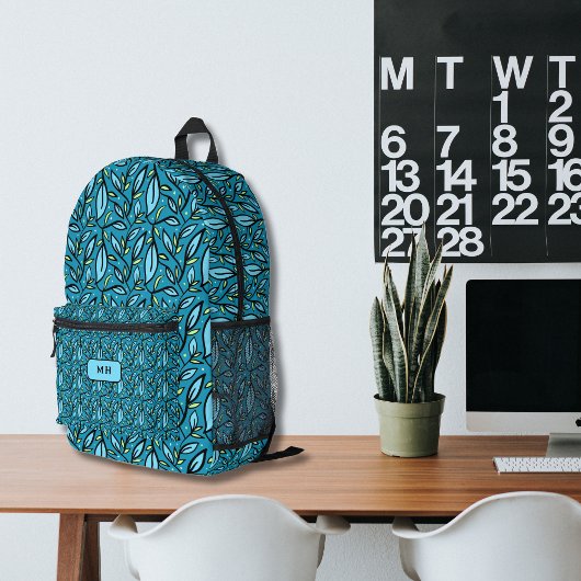 Blaue Blätter Muster mit Monogramm Bedruckter Rucksack