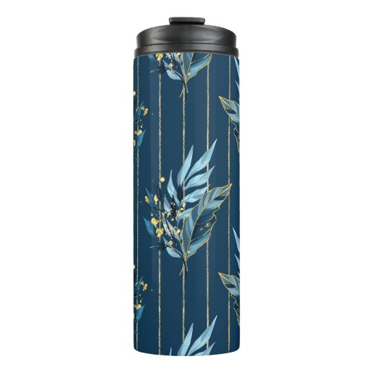 Blaue Blätter Nahtlose Wrap Hintergrund Thermosbecher (Vorderseite)
