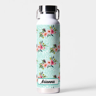 Blaue Blätter Rosa Vintage-Sträuße Name Trinkflasche