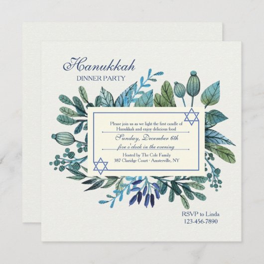 Blaue Blätter und Berries Hanukkah Party Einladung (Vorne/Hinten)