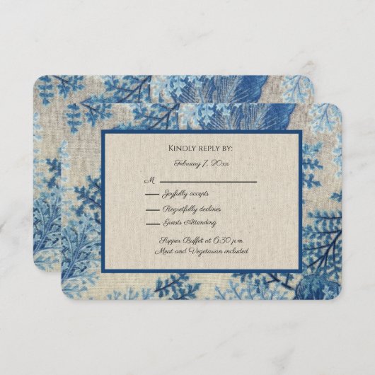 Blaue Blätter und graue Linen Covid-19 RSVP Karte (Vorne/Hinten)