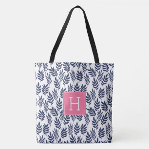 Blaue Blätter und rosa Monogramm Tasche