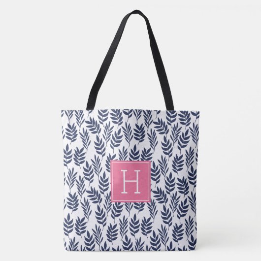 Blaue Blätter und rosa Monogramm Tasche (Vorderseite)