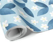 Blaue Blätter und weiße Blume Nahtlose Muster Wra Geschenkpapier (Rolleneckpunkt)