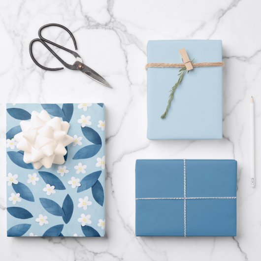 Blaue Blätter und weiße Blume Nahtloses Muster (Vorderseite)