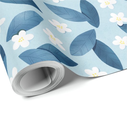 Blaue Blätter und weiße Blume Nahtloses Muster Geschenkpapier (Rolleneckpunkt)