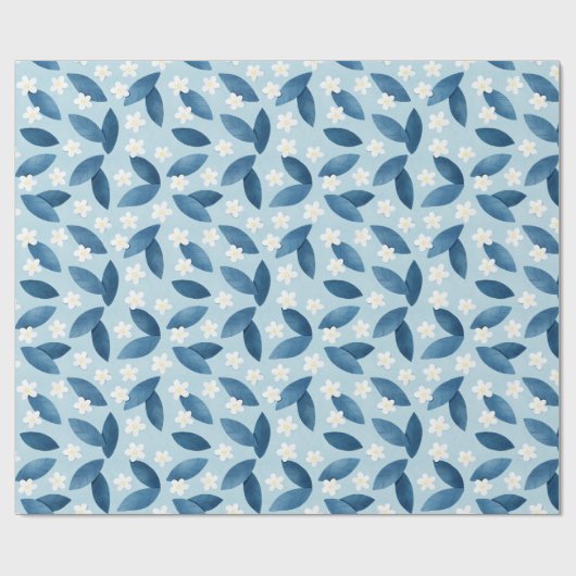 Blaue Blätter und weiße Blume Nahtloses Muster Geschenkpapier (Flach)