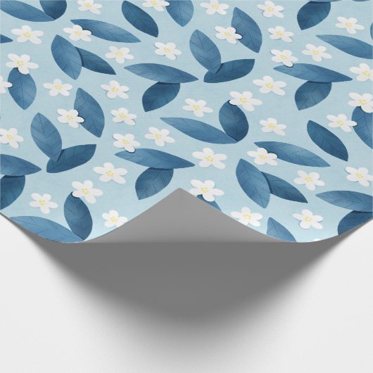 Blaue Blätter und weiße Blume Nahtloses Muster Geschenkpapier (Ecke)