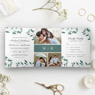 Blaue Blätter Zweig 3 in 1 Foto Collage Hochzeit Dreifach Gefaltete Einladung