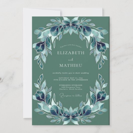 Blaue Blättrige Hochzeit Einladung (Vorderseite)