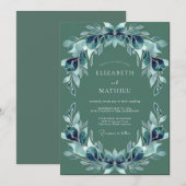 Blaue Blättrige Hochzeit Einladung (Vorne/Hinten)