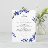 Blaue blaue Marineblau-Blattwerk Winterhochzeit Menükarte (Stehend Vorderseite)