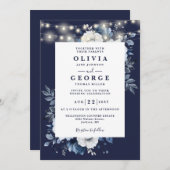 Blaue blaue, rustikale, blumenreiche Hochzeit Einladung (Vorne/Hinten)