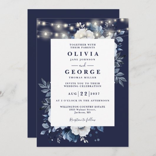 Blaue blaue, rustikale, blumenreiche Hochzeit Einladung (Vorne/Hinten)