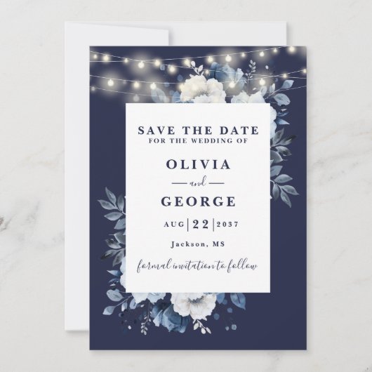 Blaue blaue, rustikale, blumenreiche Hochzeit Save The Date (Vorderseite)