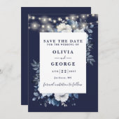 Blaue blaue, rustikale, blumenreiche Hochzeit Save The Date (Vorne/Hinten)