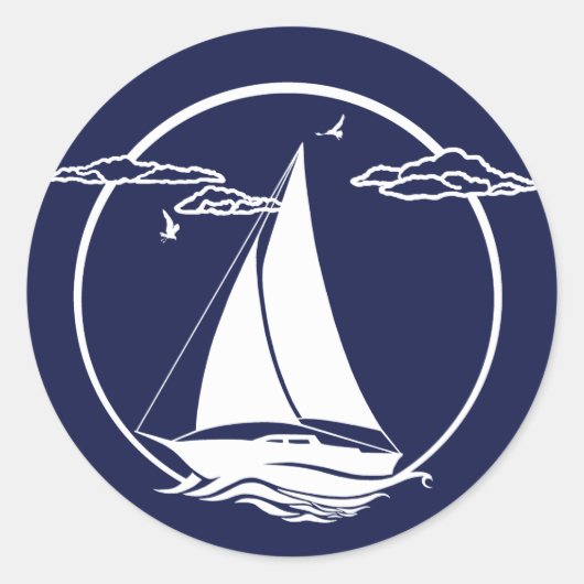 Blaue blaue Silhouette/Segelboot Runder Aufkleber (Vorderseite)