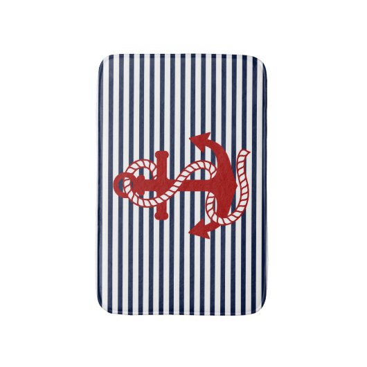 Blaue blaue Streifen und roter Anker der Nautische Badematte (Vorderseite Vertikal)