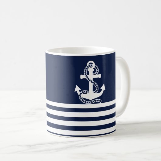 Blaue blaue Streifen und weißer Anker Kaffeetasse (VorderseiteRechts)