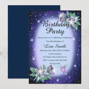 Blaue Bling Bling Floral Bird Geburtstag Einladung