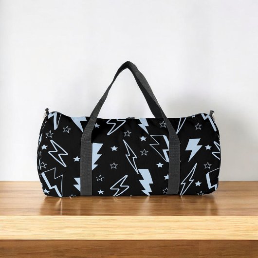 Blaue Blitze schwarzer Hintergrund Y2K-Muster Duffle Bag