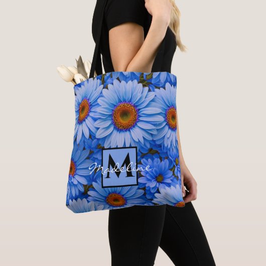 Blaue blühende Sonnenblumen Blau dekoriert Tasche (Von Nahem)