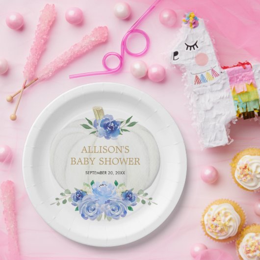 Blaue, blühende, weiße Kürbis Pappteller (Party)