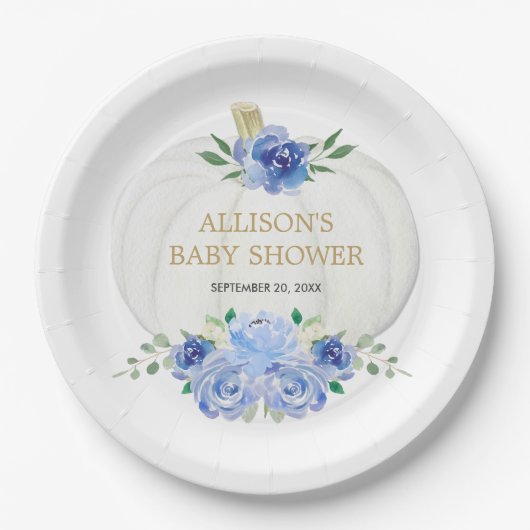 Blaue, blühende, weiße Kürbis Pappteller (Vorderseite)