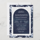 Blaue blühende weiße Spitzen-muslimische Hochzeit Einladung (Vorderseite)