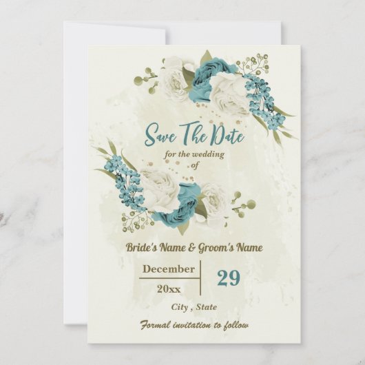 Blaue Blume aus Elfenbein Save The Date (Vorderseite)