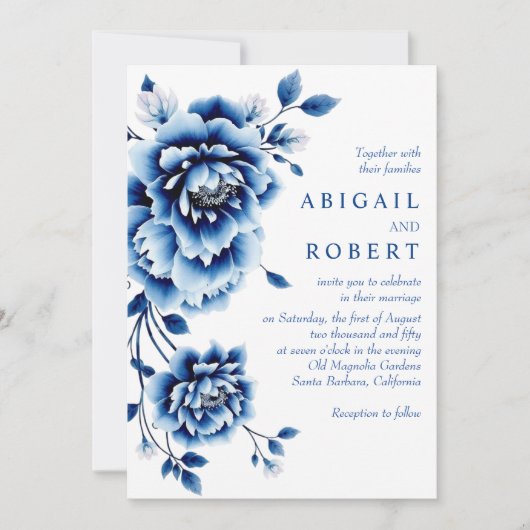 Blaue Blume Chinoiserie Blume Hochzeit Einladung (Vorderseite)