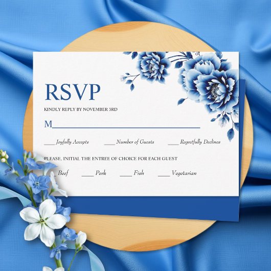 Blaue Blume Chinoiserie Blume Hochzeit RSVP Karte