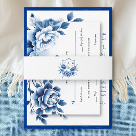 Blaue Blume Chinoiserie Blume Wappen Hochzeit Einladungsbanderole