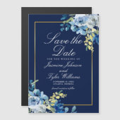 Blaue Blume Elegante Goldgrenze Save the Date Magneteinladung (Vorne/Hinten)
