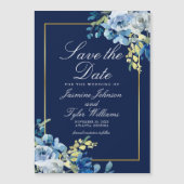 Blaue Blume Elegante Goldgrenze Save the Date Magneteinladung (Vorderseite)
