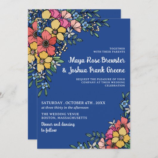 Blaue Blume Frühjahrssommer Hochzeit Einladung (Vorne/Hinten)