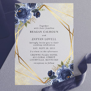 Blaue Blume Gold Geometric Moderne Hochzeit Pergament Einladungen