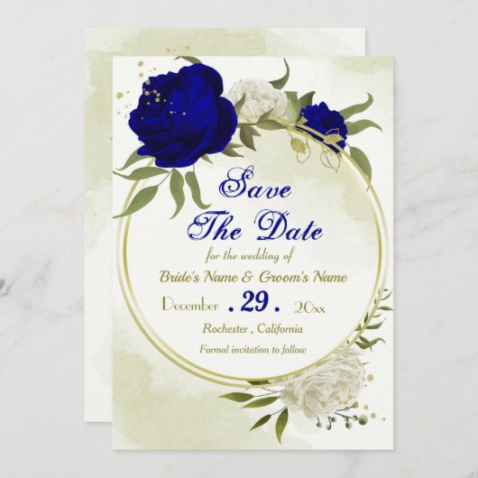 Blaue Blume, grüne Blätter Save The Date (Vorne/Hinten)