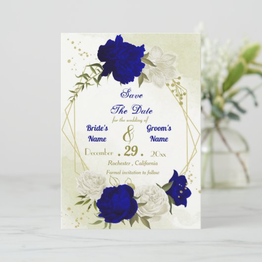 Blaue Blume, grüne Blätter Save The Date (Stehend Vorderseite)