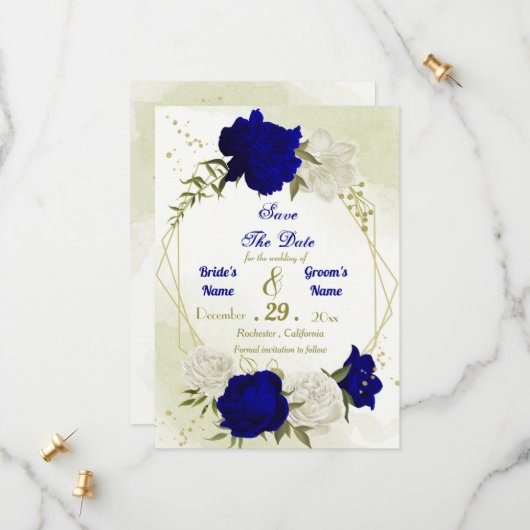 Blaue Blume, grüne Blätter Save The Date (Vorderseite/Rückseite Beispiel)