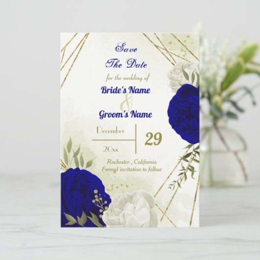 Blaue Blume, grüne Blätter Save The Date (Stehend Vorderseite)