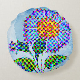 Blaue Blume Halftone auf Blau Fine Art Rundes Kissen