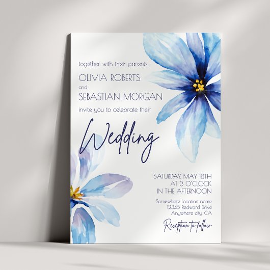 Blaue Blume Minimalistische Hochzeit Einladung