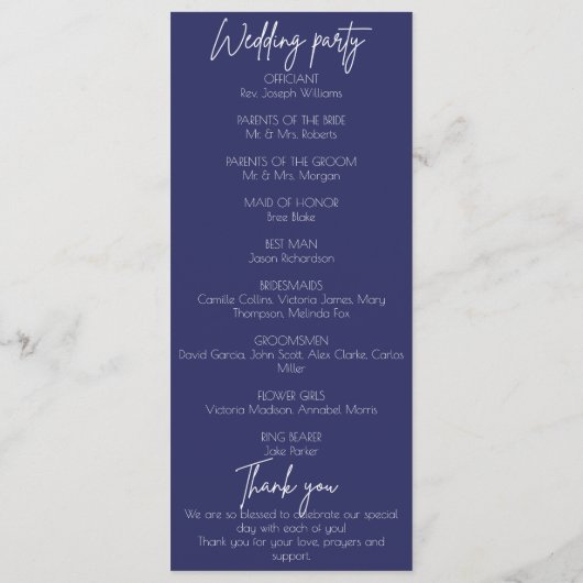 Blaue Blume Minimalistische Hochzeit Programm (Rückseite)