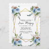 Blaue Blume mit Goldrahmen-Taufveranstaltung Einladung (Vorne/Hinten)