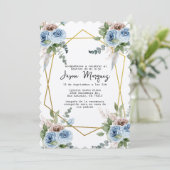 Blaue Blume mit Goldrahmen-Taufveranstaltung Einladung (Stehend Vorderseite)