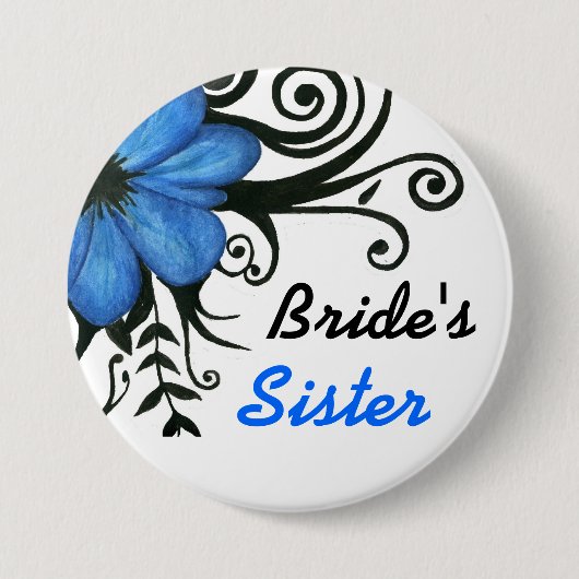 Blaue Blume mit schwarzen Blätter und Wirbel Button (Vorderseite)