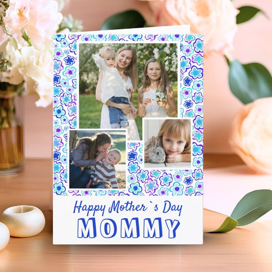 Blaue Blume Muster glücklich Muttertag 3 Foto Karte