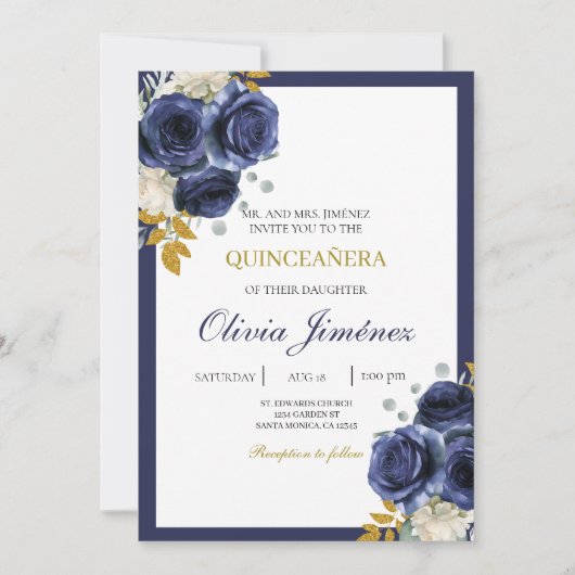 Blaue Blume quinceañera Einladung (Vorderseite)